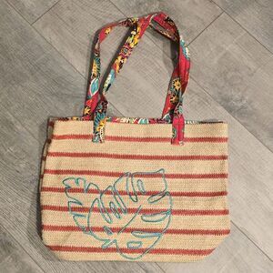 Vera Bradley Straw Bold Paisley Strap Stripe Leaf Embroidered Beach Bag Tote